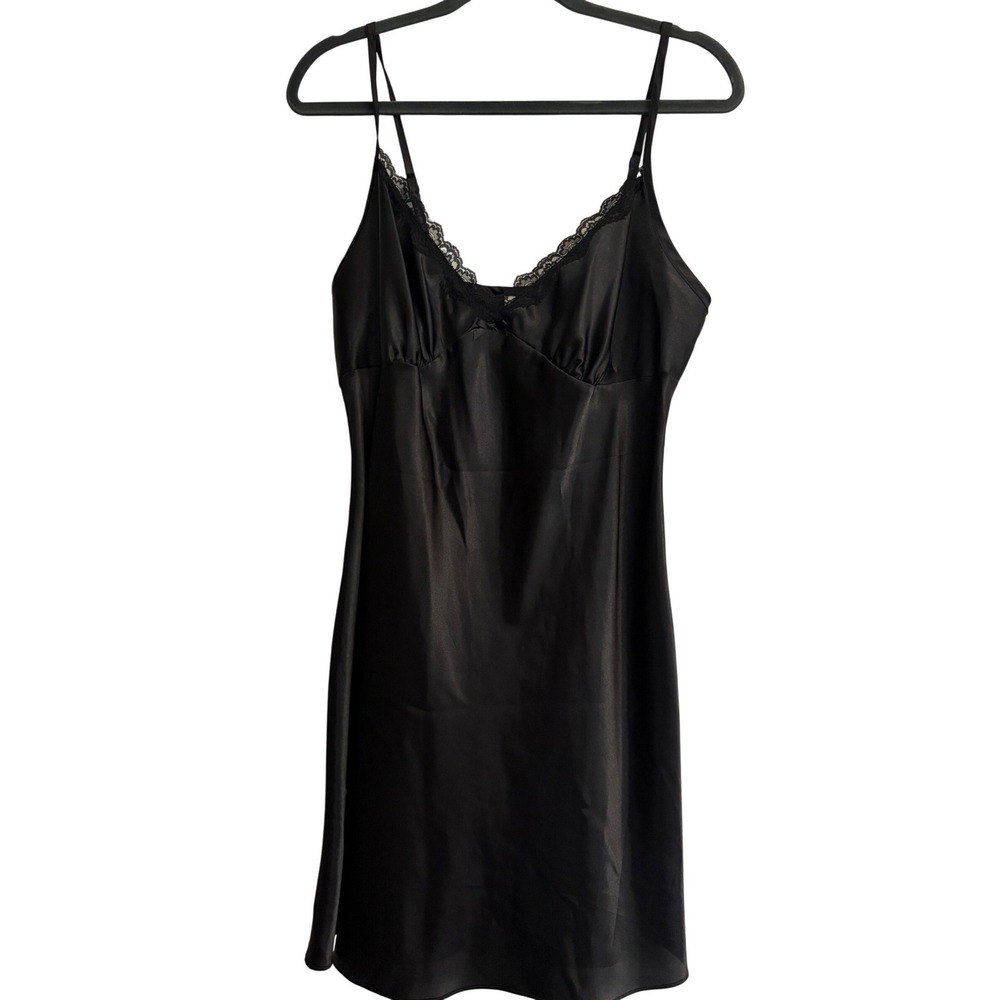 Secret Treasures Black Satin Lace Trim Chemise Nightgown Sleepwear L 12-14